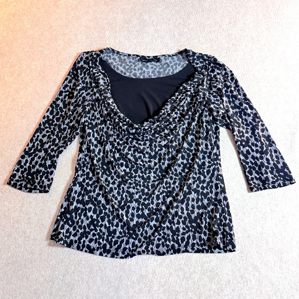 Briggs New York Womens Cowl Neck 3/4 Sleeve Abstract Print Top Black Grey Medium